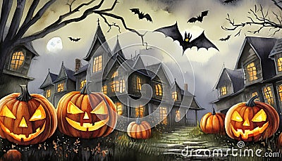 painted halloween night village with bats Stock Photo