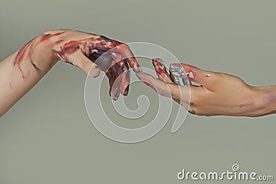 Painted hands. Reach hand. Sensual touch fingers. Two hands trying to touch. Adam sign. Human relation, togetherness Stock Photo