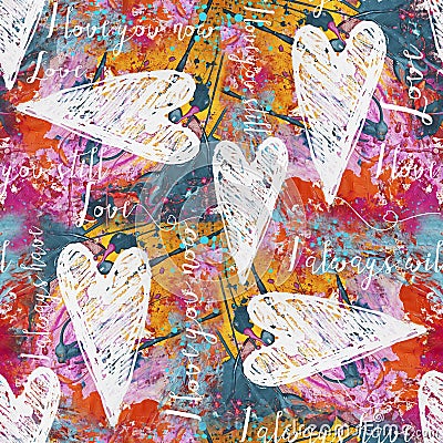 Painted Hearts And Text Seamless Pattern Stock Photo