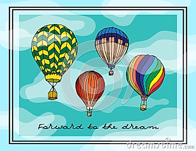 Painted illustration. Multi-colored aerostats, postcard. Cartoon Illustration