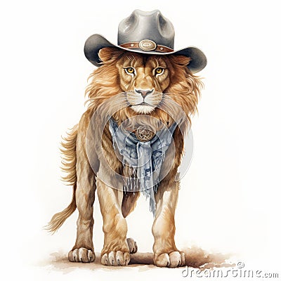 Painted Lion In Cowboy Hat: Realistic Fantasy Watercolor Illustration Cartoon Illustration