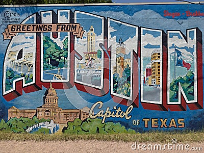 Greetings From Austin, Capitol of Texas Mural Painting Editorial Stock Photo