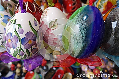 Colorful Ceramic Easter Eggs at the Market Stock Photo