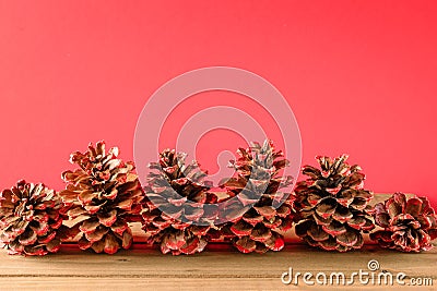 Painted pine cones on red background Stock Photo