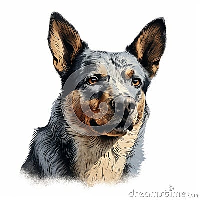 Colorized Australian Cattle Dog Portrait Illustration With Realistic Attention To Detail Cartoon Illustration