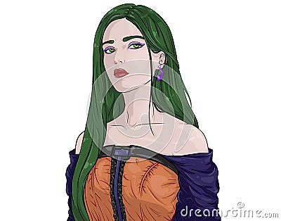 Painted portrait of a haughty woman with green hair. Stock Photo