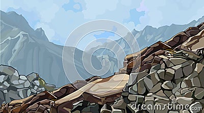 Painted rocky slope at the top among foggy mountains Vector Illustration