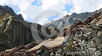 Painted rocky slope at the top among the mountains Vector Illustration