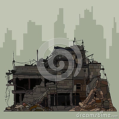 Painted ruins of a brick gray building against the background of the silhouette of the city Vector Illustration