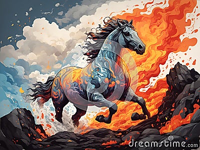 Painted running horse on lava world. Ai generated Stock Photo