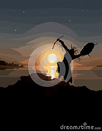 Painted silhouette of a dancing shaman on the sunset near the river Vector Illustration
