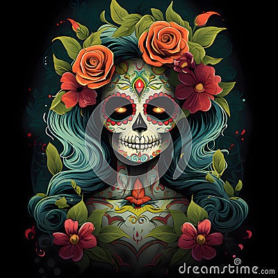 Painted skull of a woman with long hair, decorated with orange roses on a dark background. For the day of the dead and Halloween Vector Illustration