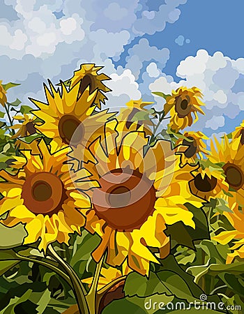 Painted summer landscape field of flowers sunflowers close up Vector Illustration