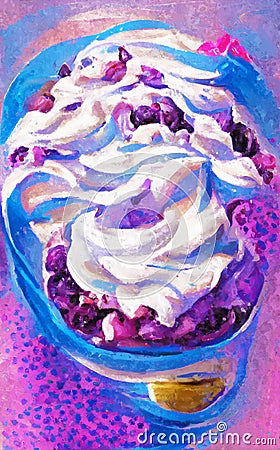 Painted sundae with cherries and blueberry ice cream. Whipped cream Stock Photo