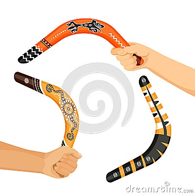 Painted traditional australian boomerang tools in hands vector Vector Illustration