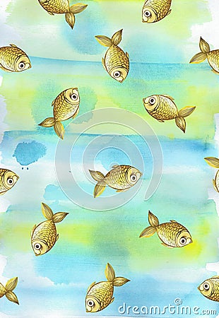 Painted watercolor background with children`s golden yellow fish fishes Vector Illustration