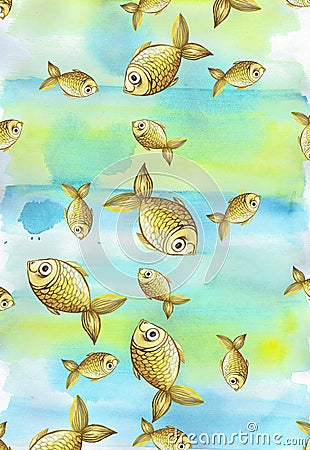 Painted watercolor blurred background in blue and yellow tones with golden yellow large and small fish Stock Photo