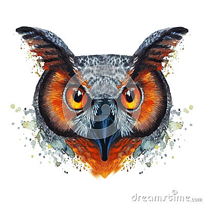 Painted watercolor picture of a ravenous night owl bird on a white background with red orange eyes with bright colors Vector Illustration