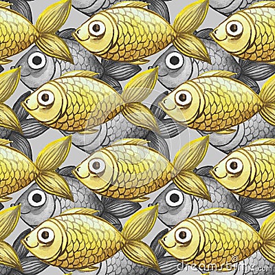 Painted watercolor seamless background, fish black and white with yellow fish, large pattern Stock Photo