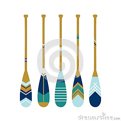 Painted wooden canoe Oar. Modern and contemporary coastal or beach decor. Set of paddles in blue colors. Vector illustration on Vector Illustration