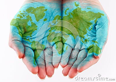 Painted world on hands Stock Photo