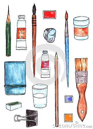 Painter art tools. Paint arts tool illustration, watercolor painting design artists supplies, painting brushes Cartoon Illustration