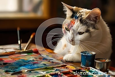 A painter cat with paints, palette and brushes. Created with Generative AI Stock Photo