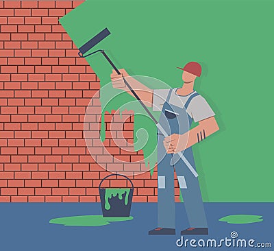 Painter colors wall. Repair in apartment, man in uniform is holding paint roller in hand, male character renovate house Vector Illustration