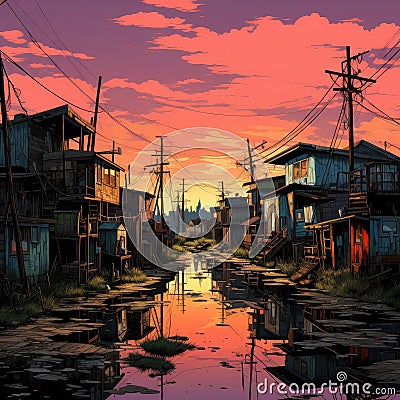 Painter creating a comic book-style scenery depicting rural life Stock Photo