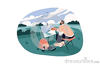 Painter drawing with canvas on easel in nature. Artist painting landscape picture of field and sky outdoors in summer Vector Illustration