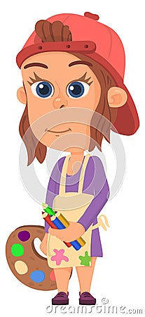 Painter girl character. Creative kid with pallette and pencils Vector Illustration