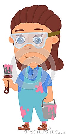 Painter girl with paint bucket and brush. Kid worker character Vector Illustration
