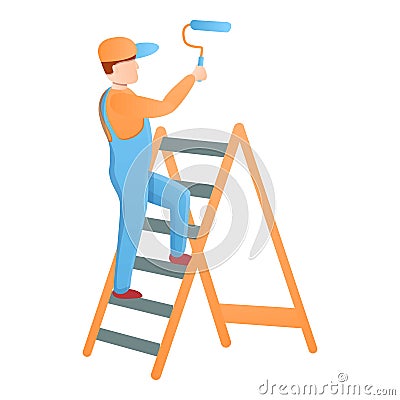 Painter guy on a stepladder icon, cartoon style Vector Illustration