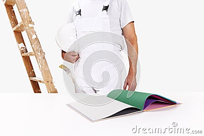 Painter man, concept choose color from samples Stock Photo