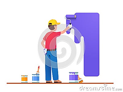 Painter man painting house wall with roller brush Vector Illustration