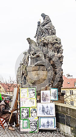 Painter near Statues of Saints John of Matha, Felix of Valois, a Editorial Stock Photo