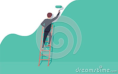 Painter standing on staircase paints the wall. Man is holding paint roller in hand. Vector illustration Vector Illustration