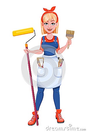 Painter woman with roller. Beautiful lady painter Vector Illustration