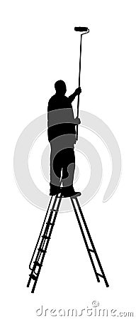 Painter worker on ladder vector silhouette isolated on white. Man decorator painting wall with paint brush roller. Stock Photo