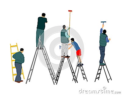 Painter workers on ladder vector illustration isolated on white. Man decorator painting wall with paint brush roller. Cartoon Illustration