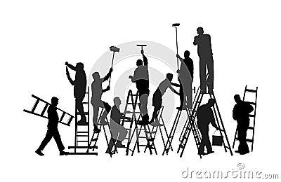 Painter workers on ladder vector silhouette isolated on white background. Man decorator painting wall with paint brush roller. Stock Photo