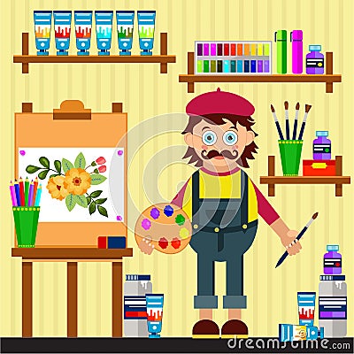Painter working room with different tools Vector Illustration