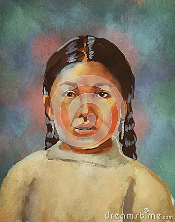 Beautiful painterly illustration of an Indigenous child. Cartoon Illustration