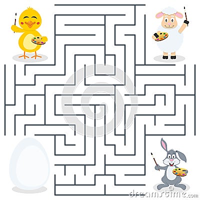 Painters & Easter Egg Maze for Kids Vector Illustration