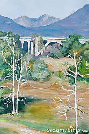 Painting of the Arroyo Seco and San Gabriel Mountains near Pasadena, CA Stock Photo