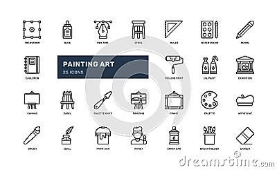 painting art artwork artist exhibition detailed thin line icon set Vector Illustration