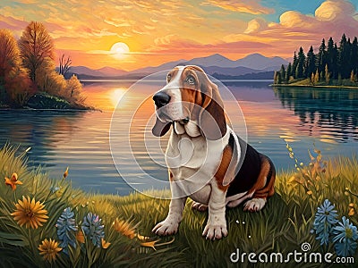 A painting art of a cute basset hound dog, sitting on the grass, a beautiful lake behind, sunrise, flower, tree, Van Gogh style Stock Photo