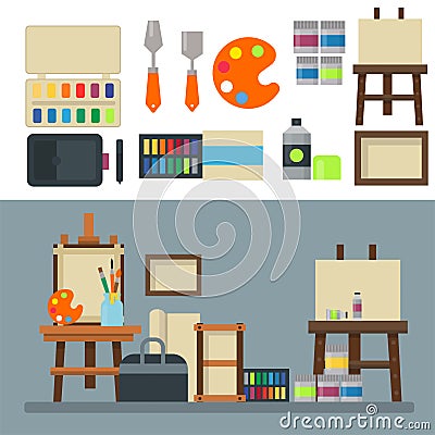 Painting art tools palette icon set flat vector illustration details stationery creative paint equipment. Vector Illustration