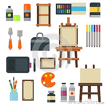 Painting art tools palette icon set flat vector illustration details stationery creative paint equipment. Vector Illustration