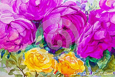 Painting art watercolor illustration pink,violet color of the roses. Cartoon Illustration